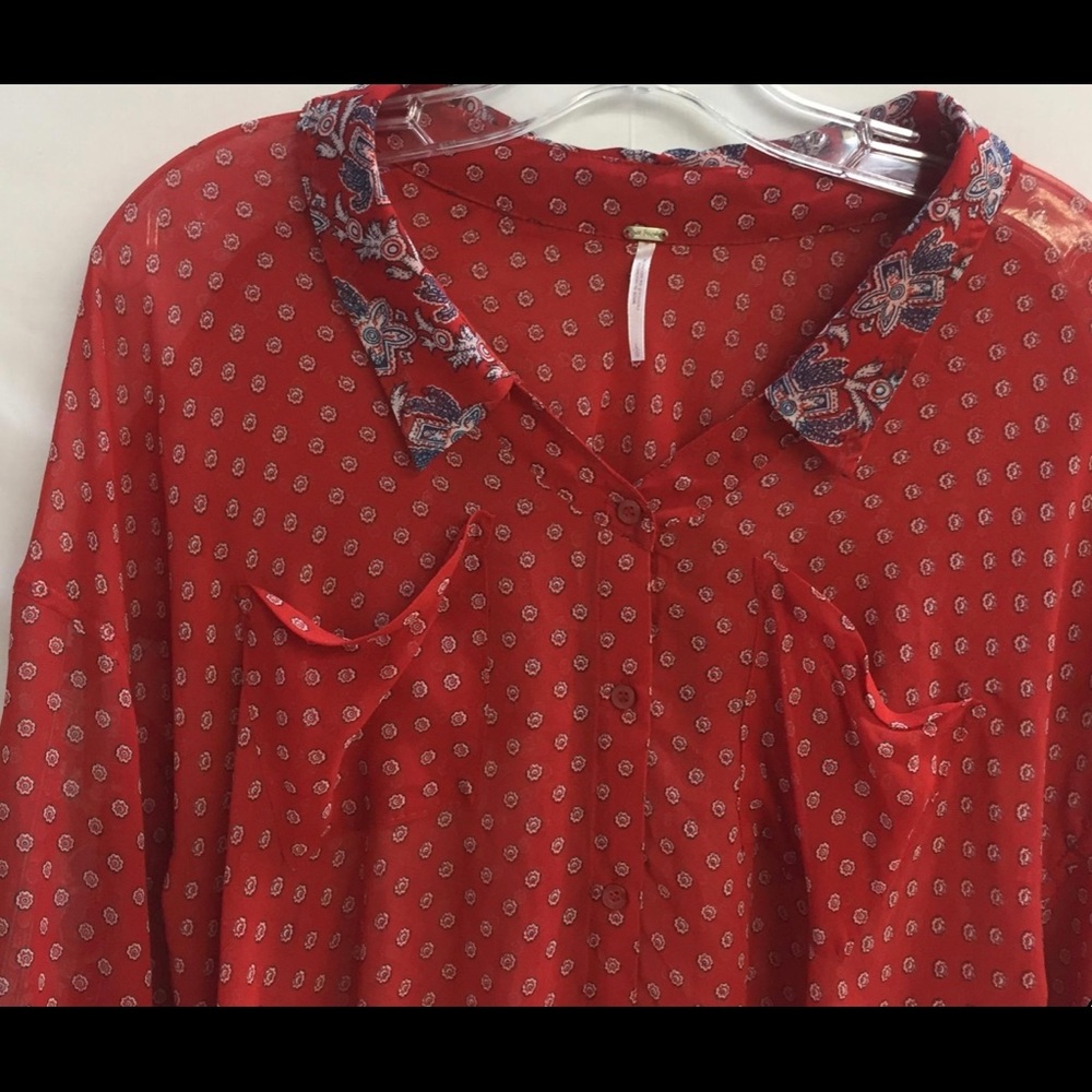 Free People Red Patterned Button-Down Sheer Shirt - image 5